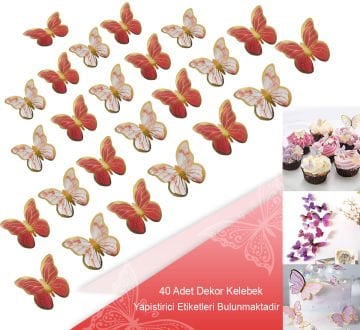 Kırmızı Renk Varaklı Altın Yaldızlı Dekoratif Kelebek Süsler