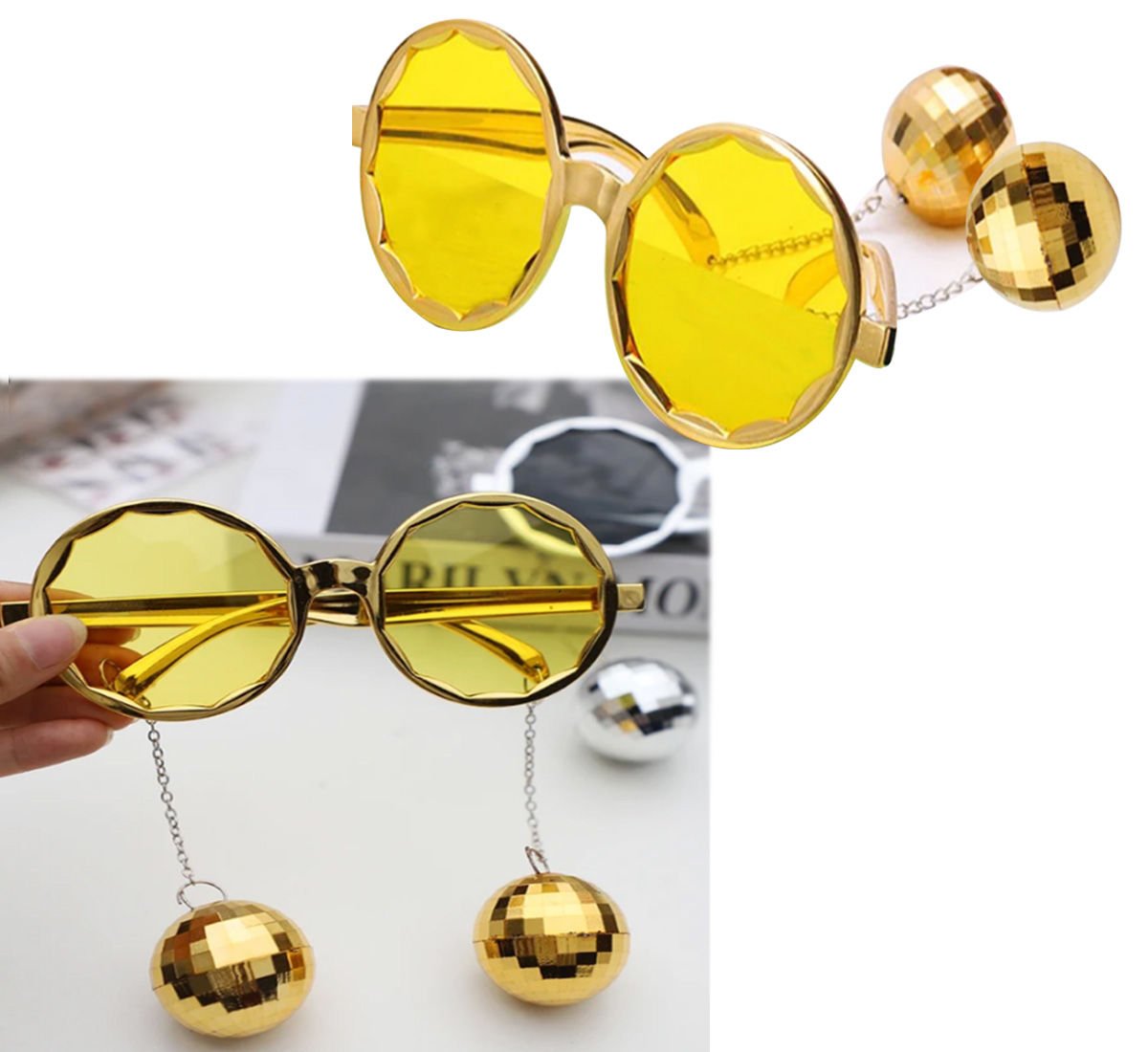 Gold Renk Disko Topu Küpeli Parti Gözlüğü