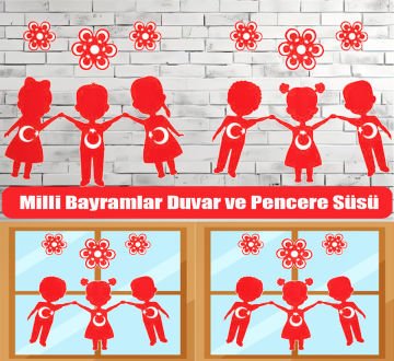 Türk Bayraklı Milli Bayram Süsleri Duvar ve Pencere Süslemesi