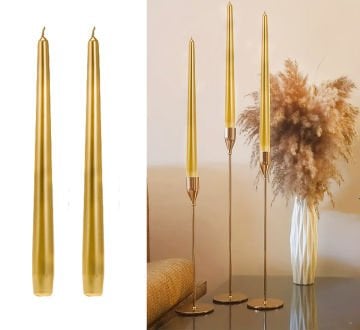 Altın Renk Metalik Şamdan Mumlar 2 Adet