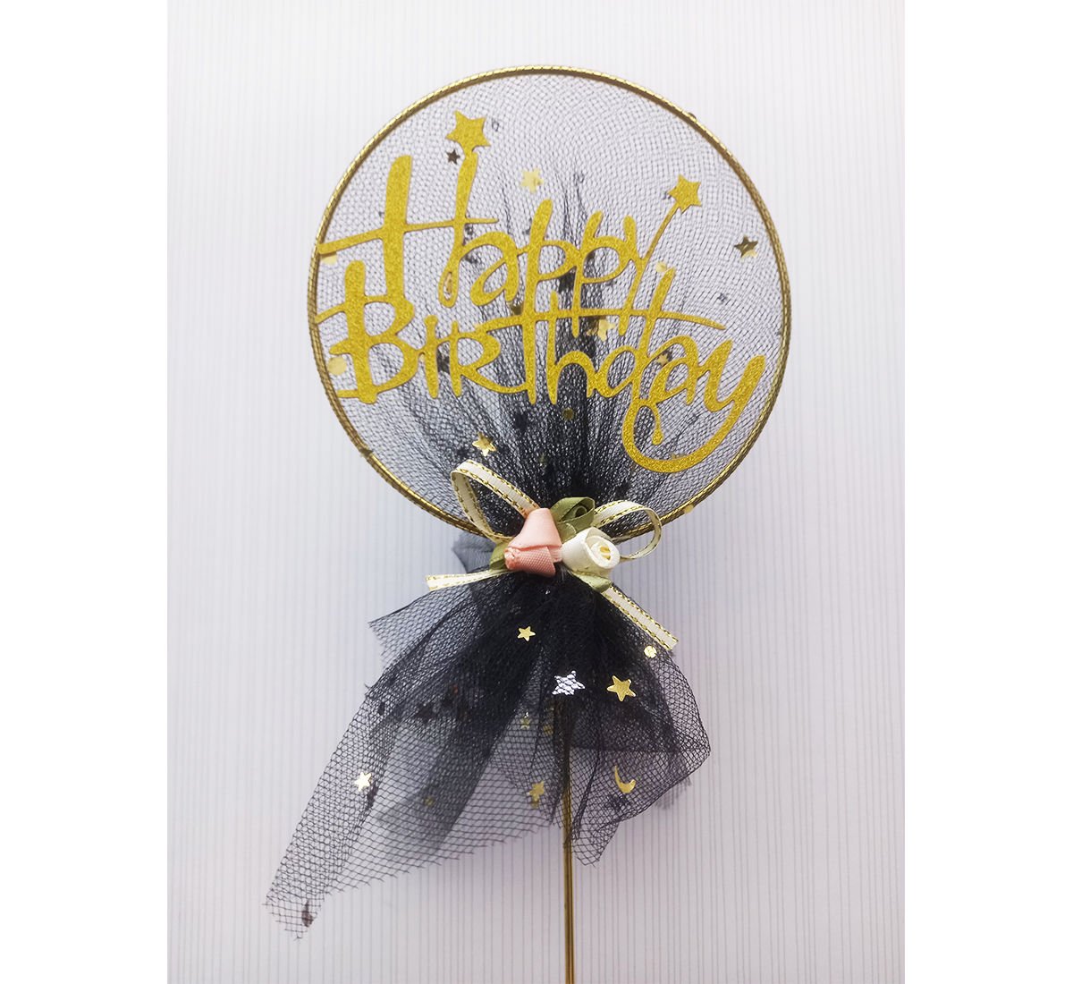 Siyah Renk Happy Birthday Tüllü Pasta Üstü Dekor