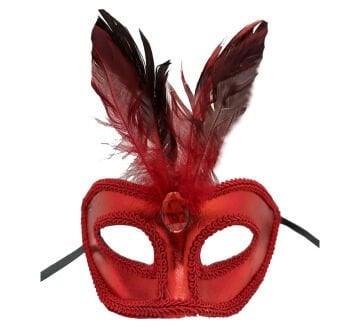 Kırmızı Deri Kaplama Tüylü Parti Maskesi